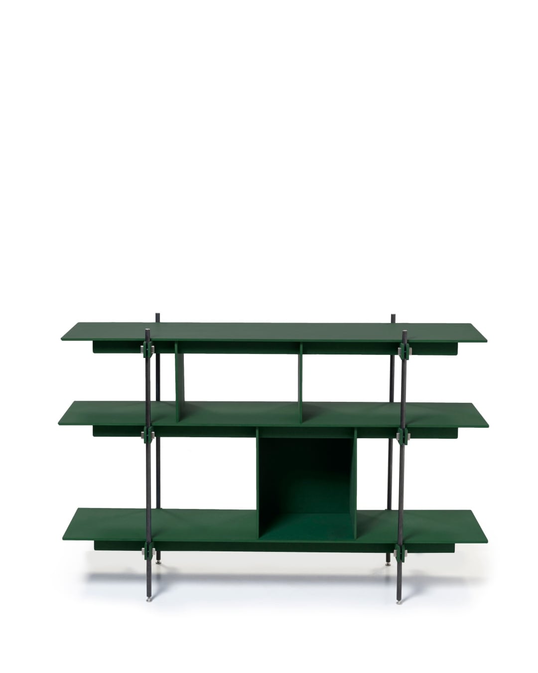 Grünes offenes Design Regal aus Stahl mit mittlerem Fach, modernes Regalsystem Holz.