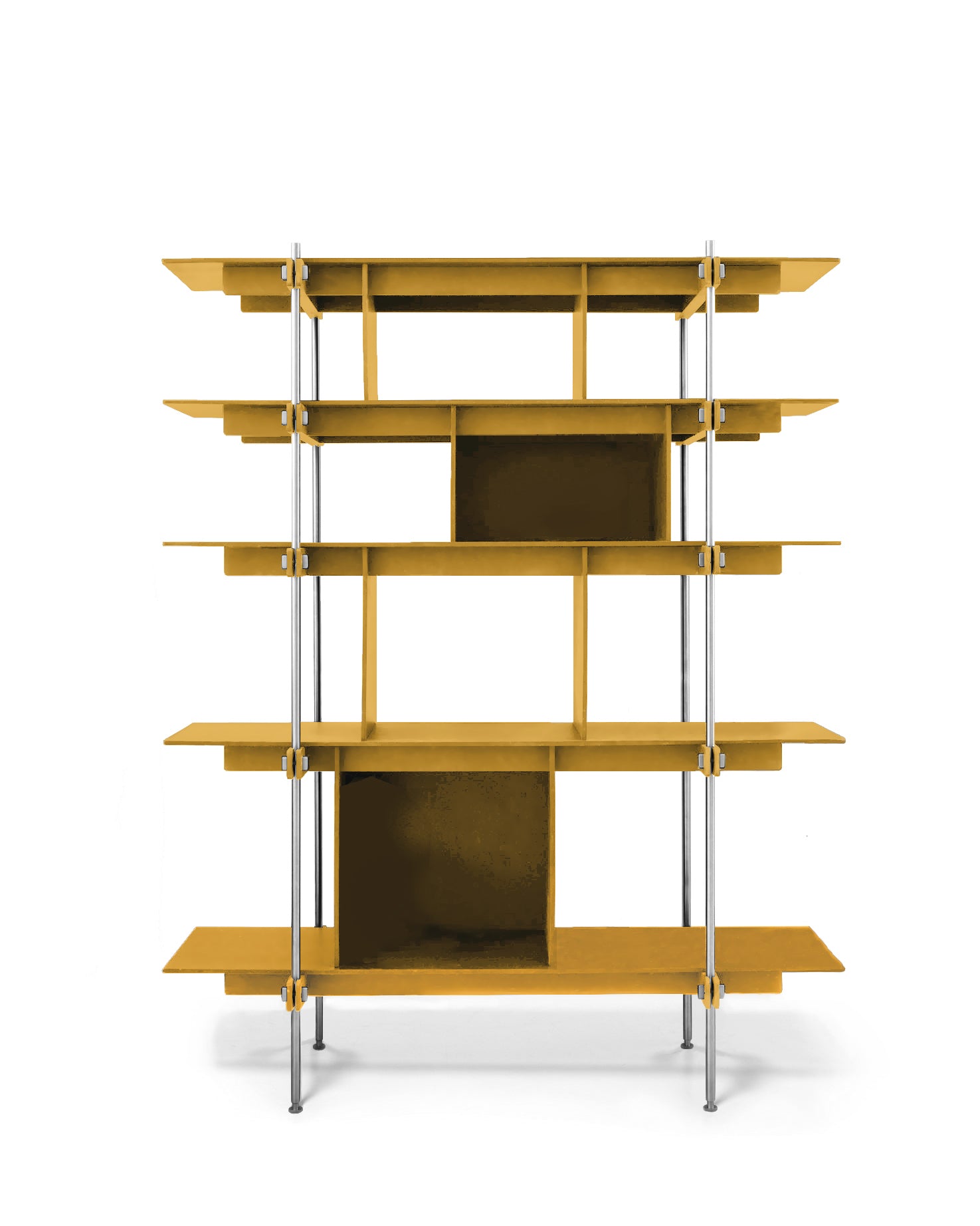 Offenes Design Regal aus mdf Holz in gelb mit edelStahlrahmen und fächern