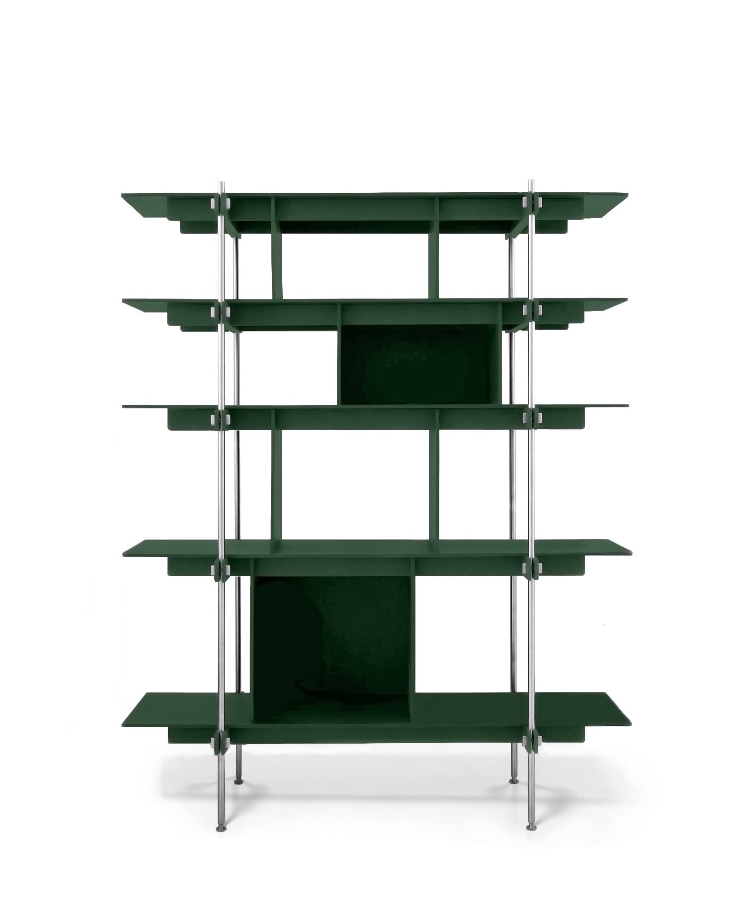 Offenes Design Regal mit grünem Holz, Regal Edelstahl mit fächern, modernes Regalsystem Stahl.