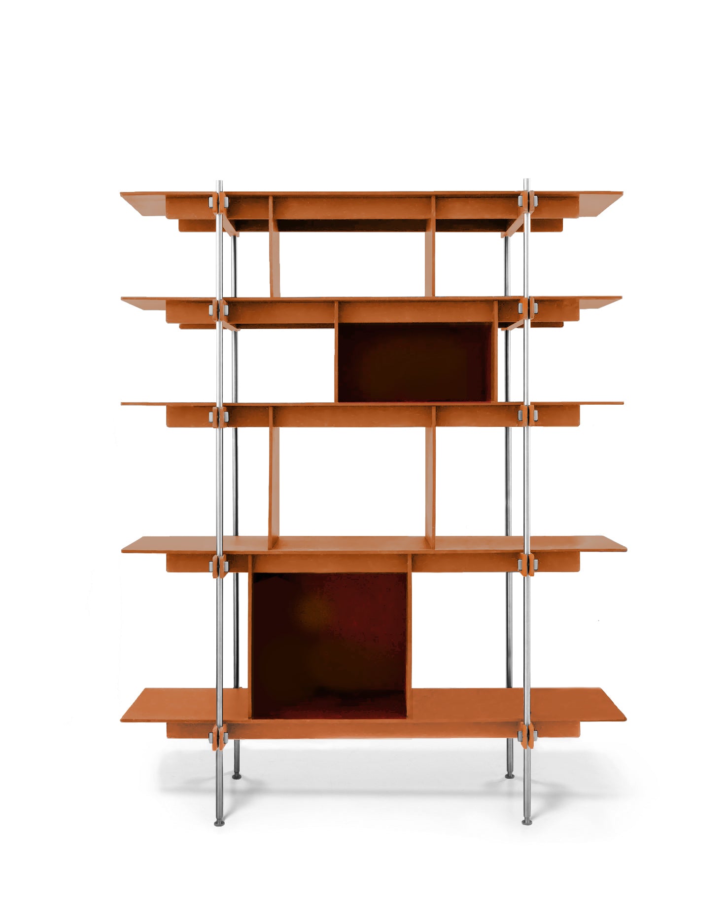 Offenes orange farbendes design regal aus mdf holz mit edelstahlgestell und offenen fächern, modern und minimalistisch.