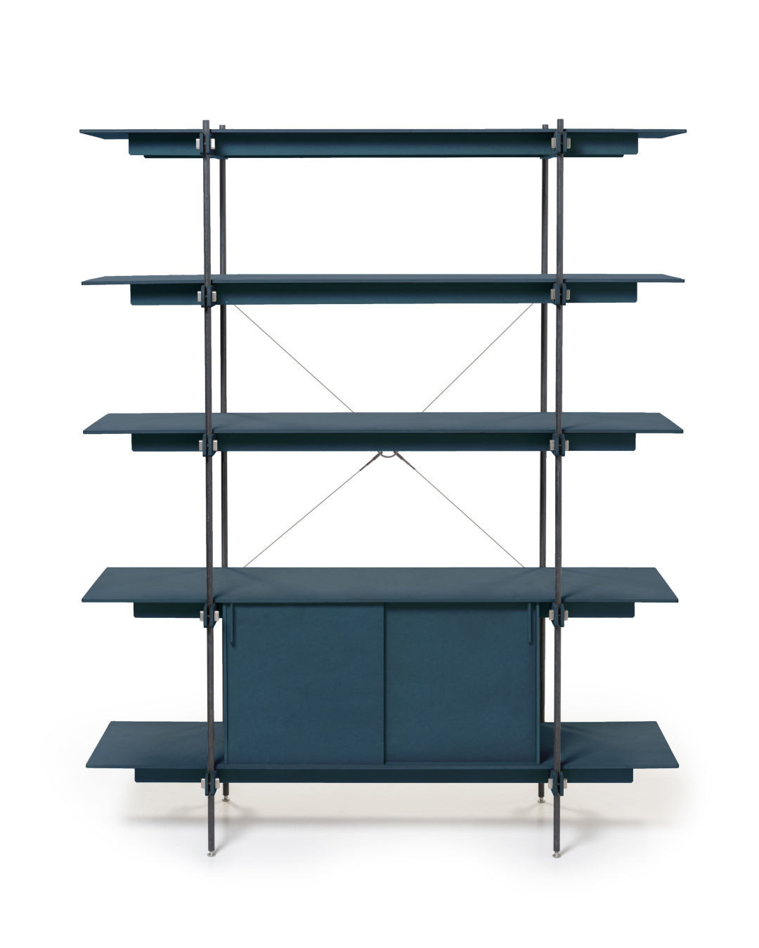 Blaues Design Regal Stahl mit offenem Regal und integriertem Regal mit Türen aus Holz.