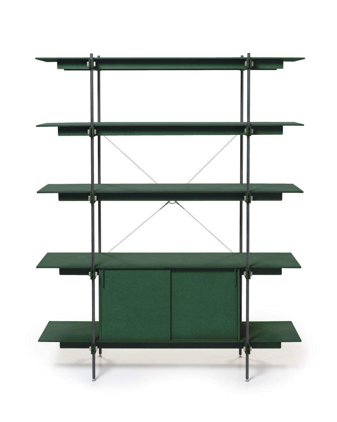 Grünes Design Regal aus Holz mit offenem Regal, Regal mit Türen, schwarzem Stahlgestell.