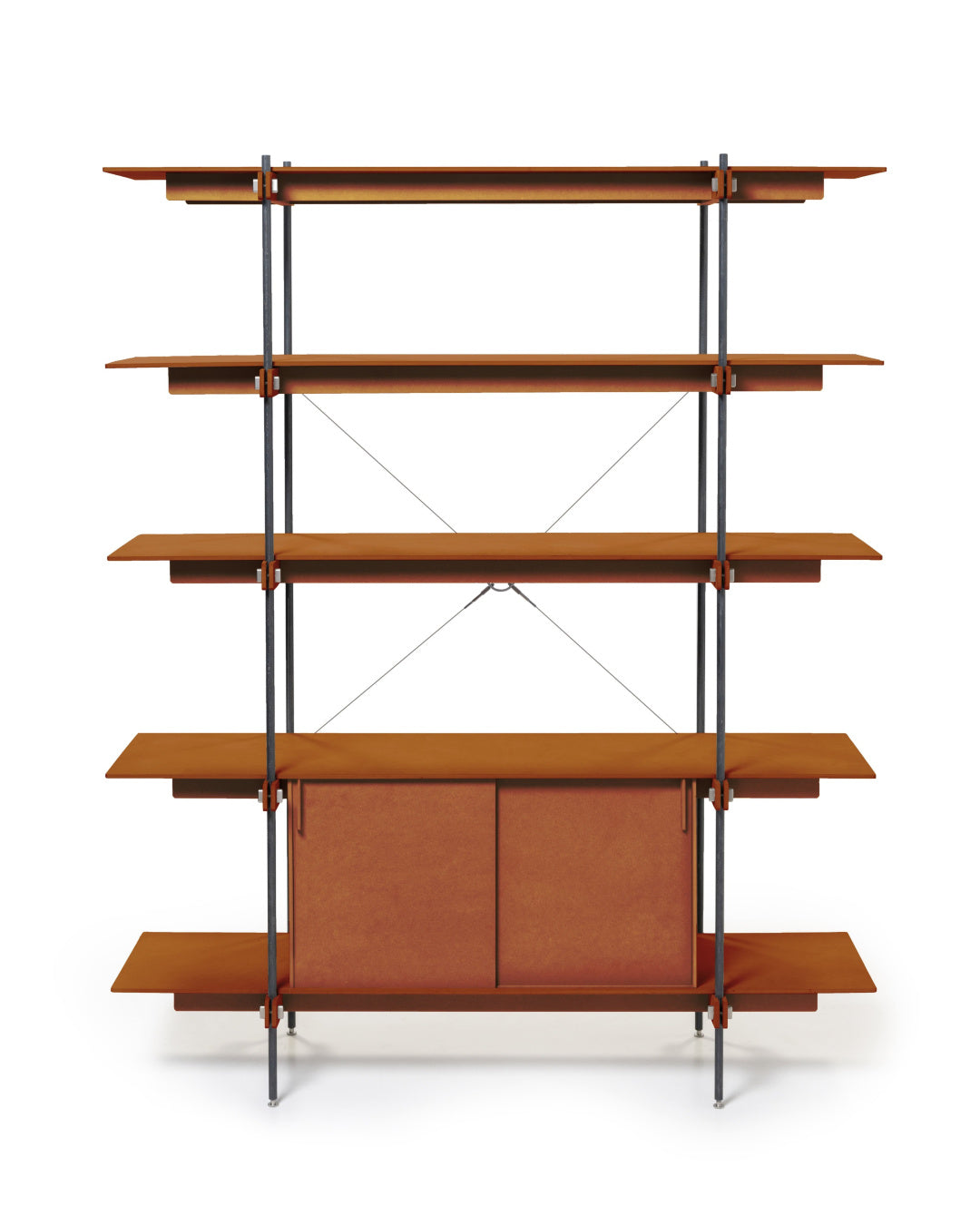 Design Regal als offenes Regalsystem orangenes mdf holz mit Stahl Rahmen und zwei Türen aus Holz mdf.