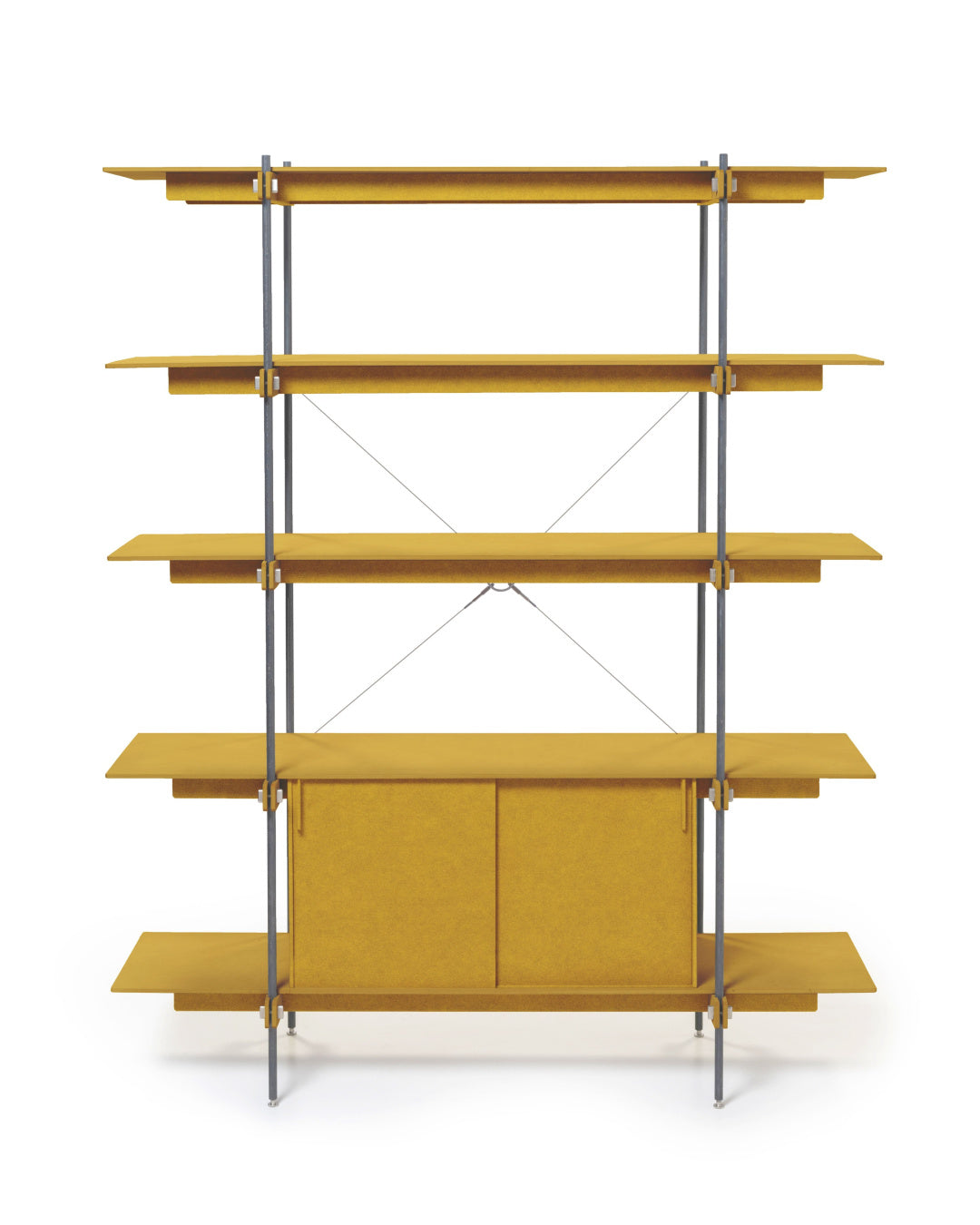 Gelbes Design Regal mit Holzregalen und Regal aus Edelstahl mit Regal mit Türen und offenem Regalrahmen.