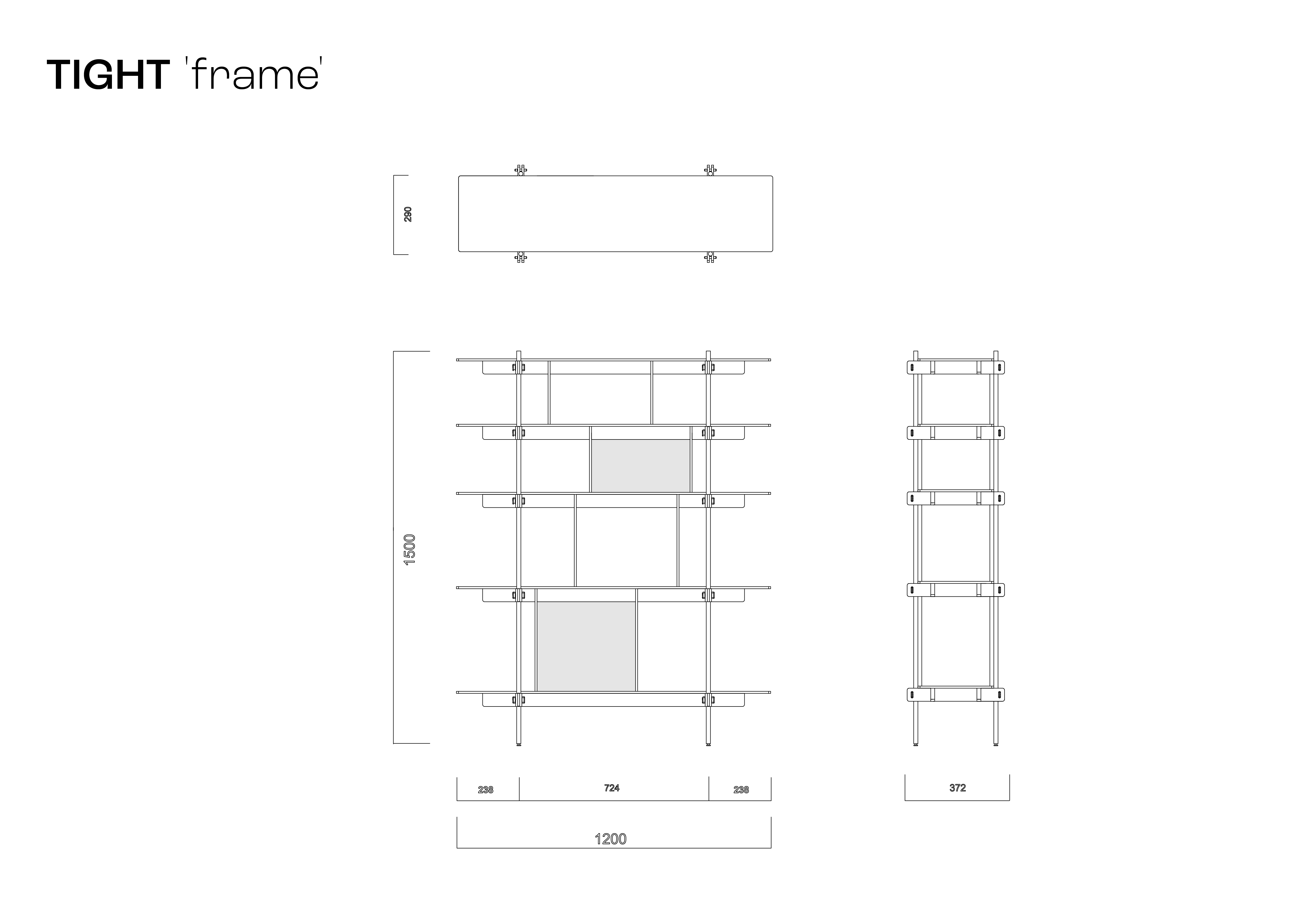 grafik mit maßen dargestellt. Design Regal TIGHT 'frame' aus Stahl mit Holzablagen, offenes Regal mit klarer Linienführung.