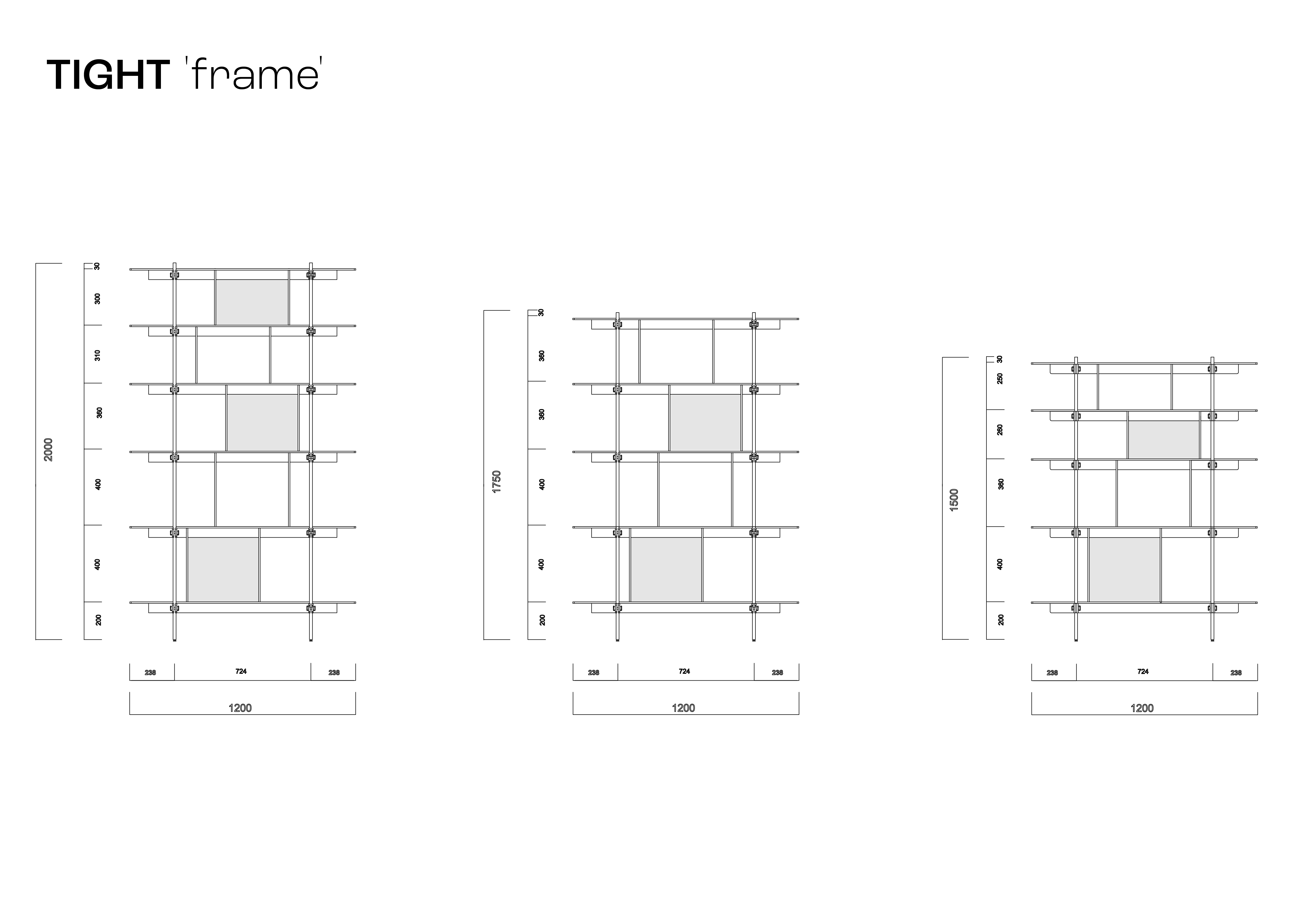 Design Regal aus Stahl und holz werkstoff. offenes Regalsystem und klaren Linien, verschiedene Größen sichtbar als grafik mit maßen