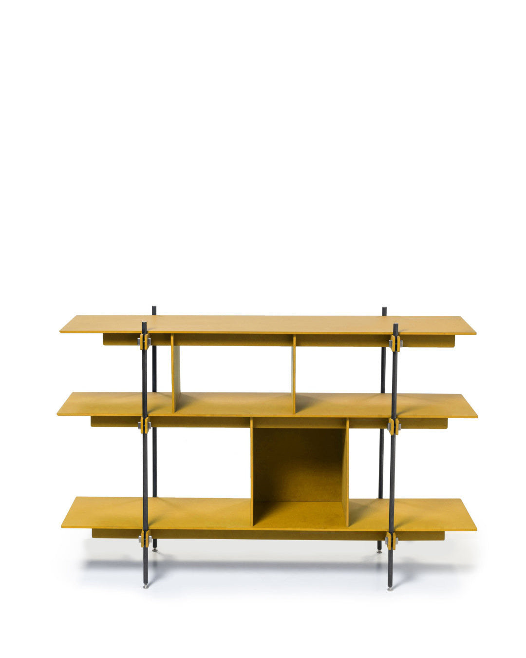 Design Regal TIGHT 'base' mit offenem gelben Holz-Regalsystem und anthrazitfarbenem Stahlrahmen, 900x1400x372 mm.