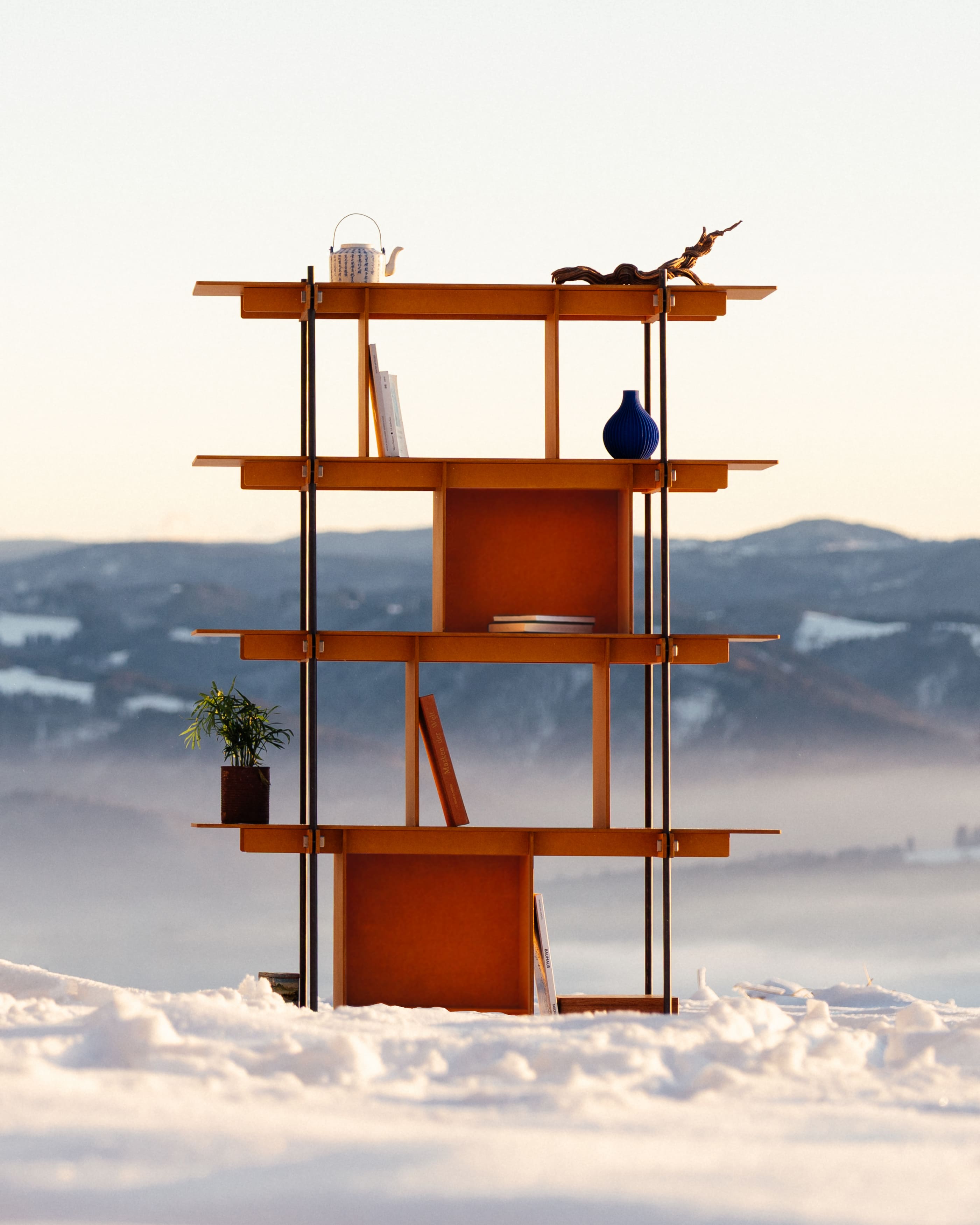 Offenes Design Regal mit Holzablagen und edlem Stahlrahmen, modernes Regalsystem.