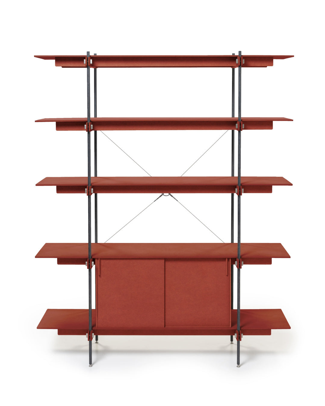 Designer Regalsystem Holz mit schwarzem Stahlgestell, offenes Regal mit Türen in Rostrot.