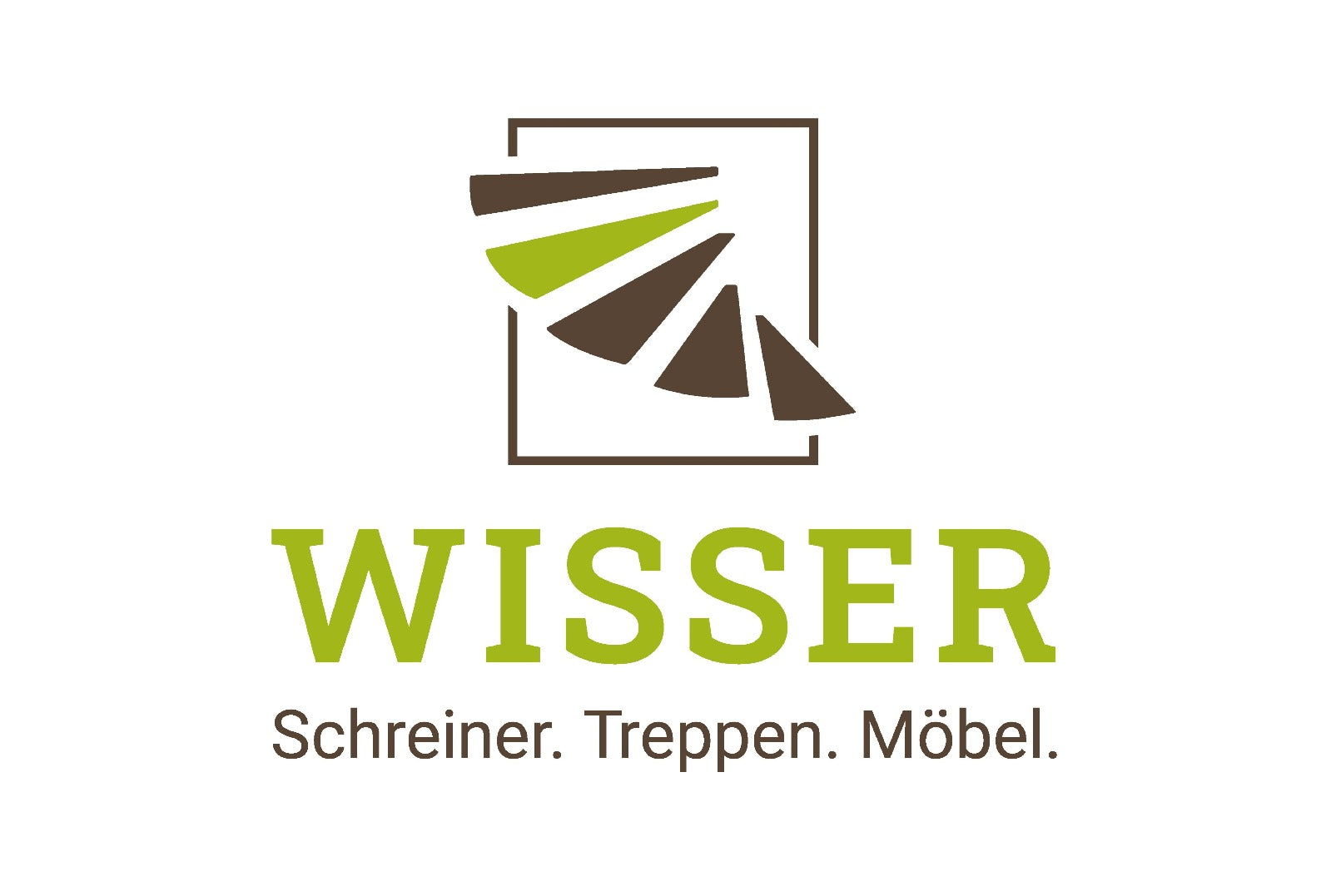 bild zeigt das grün braune logo der lokalen schreinerei , abgebildet ist eine treppe mit braunen stufen und einer grünen stufe darunter der firmen name 